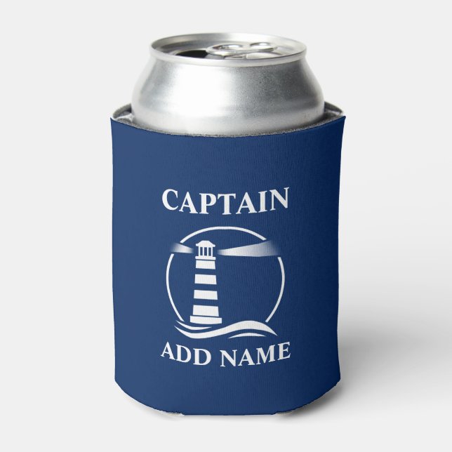 Classic Lighthouse Captain or Boat Name Navy Blue Can Cooler (Can Front)