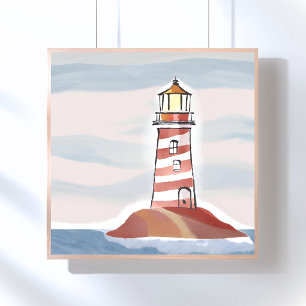 Classic Lighthouse   Ocean Coastal Watercolor Poster