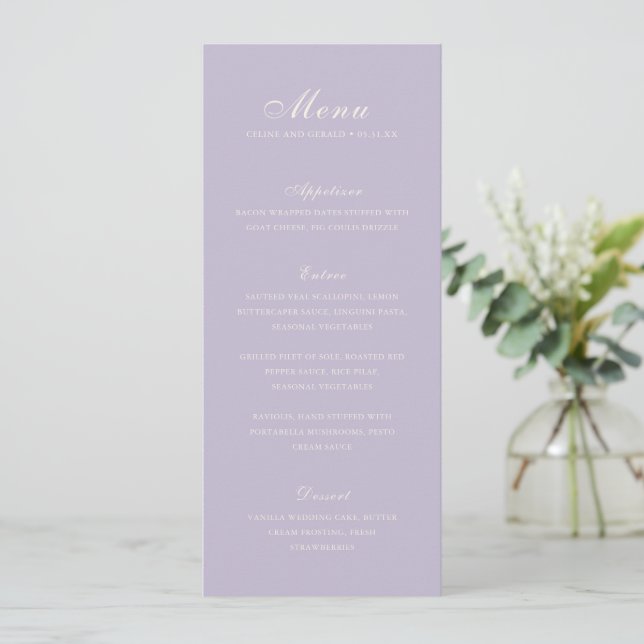 Classic Lilac Elegant Wedding Menu (Standing Front)