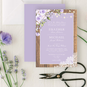 Classic Lilac Lavender Rustic Wood Lace Wedding Invitation