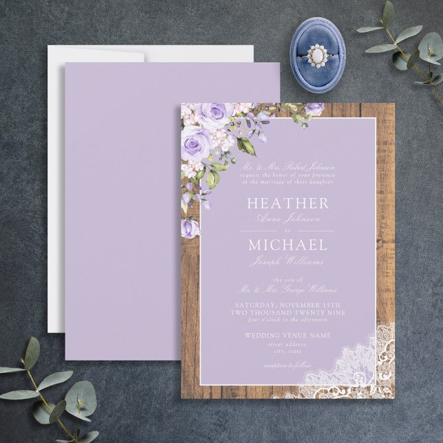 Classic Lilac Lavender Rustic Wood Lace Wedding Invitation (Creator Uploaded)