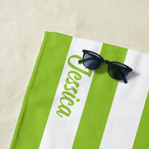 Classic Lime Green White Cabana Strip Personalised Beach Towel