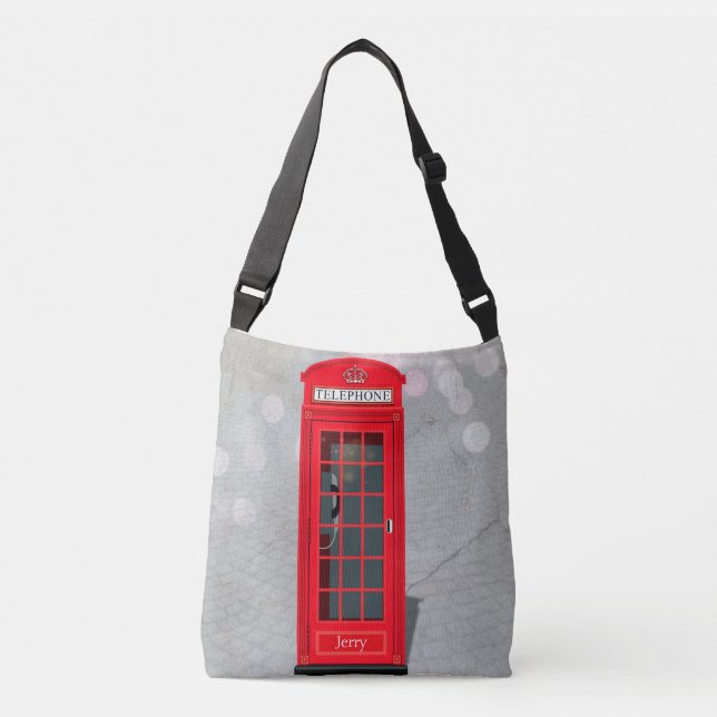 Classic London Red Phone Booth with Name  Crossbody Bag (Front)