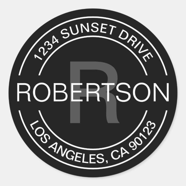 Classic look | Black White & Grey Return Address Round Sticker (Front)