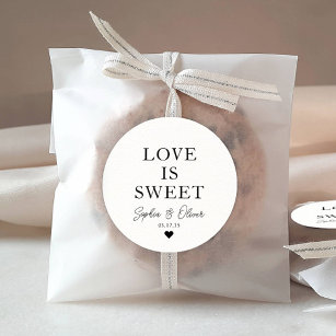 Classic LOVE IS SWEET Heart Wedding Names Favour Classic Round Sticker