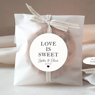 Classic LOVE IS SWEET Heart Wedding Names Favour Round Sticker