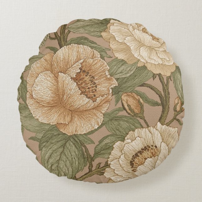 Classic,Lovely Flowers Pattern, Sage Gold Bloom Round Cushion (Front)