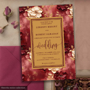 Classic Lux Dark Red Gold Floral Wedding Invites
