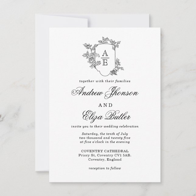 Classic Luxe Black Monogram Wedding Invitation (Front)