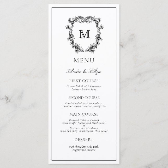 Classic Luxe Crest Monogram Wedding Menu (Front)