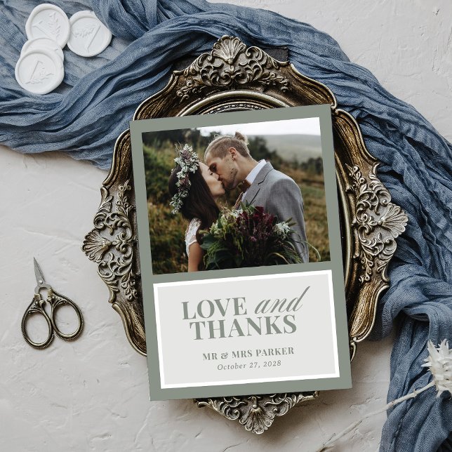 Classic Luxe | Elegant Sage Green Wedding Photo Thank You Card (Creator Uploaded)
