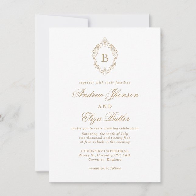 Classic Luxe Gold Monogram Wedding Invitation (Front)