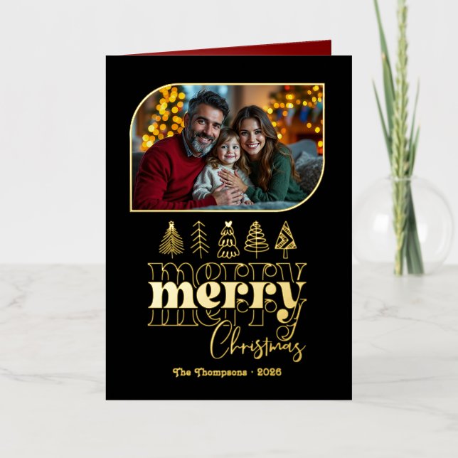 Classic Luxe Hand Drawn Merry Christmas Photo Foil Holiday Card (Front)