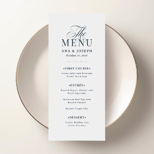 Classic Luxe Navy Blue and White Elegant Wedding Menu