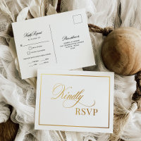 Classic Luxe White Wedding RSVP Gold Foil Postcard