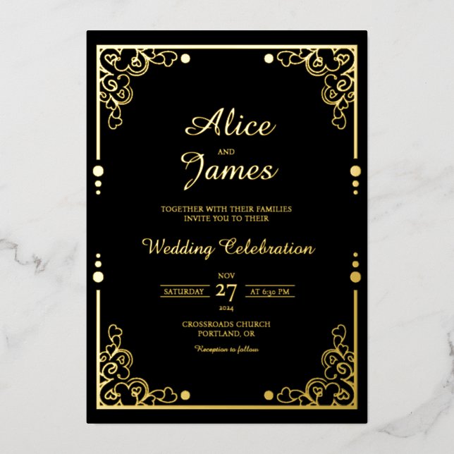 Classic Luxury Black Gold Foil Wedding Invitation (Front)
