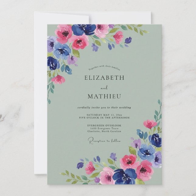 Classic Magenta Cobalt Petal Wedding Invitation (Front)