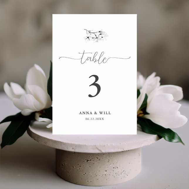 Classic Magnolia Black White Elegant Wedding Table Number (Classic Magnolia Wedding Table Number Black and White Elegant Modern Simple Formal Traditional)
