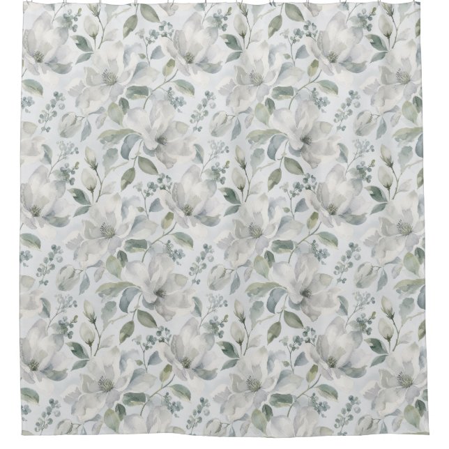 Classic Magnolia Floral Pattern in Soft Grey Shower Curtain (Front)