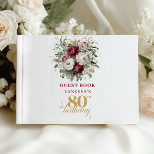 Classic Maroon Floral 80th Birthday Guest Book