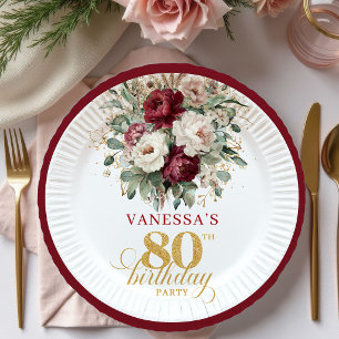 Classic Maroon Floral Gold 80th Birthday Paper  Plate