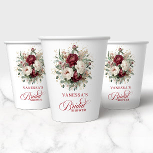 Classic Maroon Floral Gold Bridal Shower Paper Cup