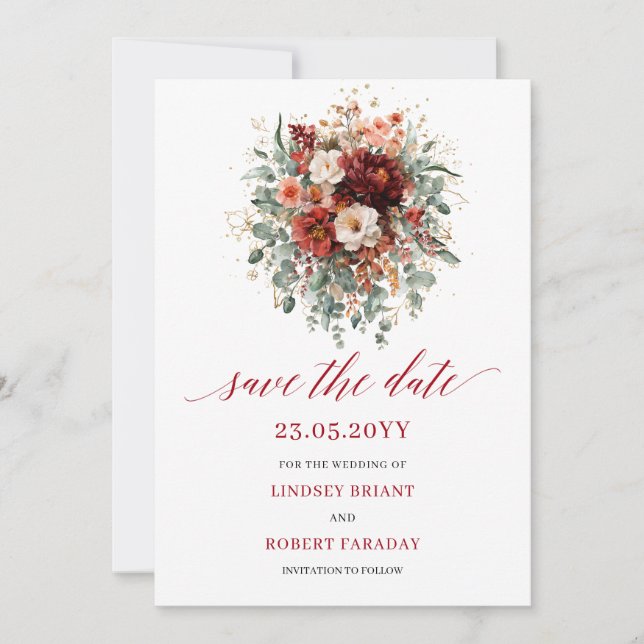 Classic Maroon Floral Gold Save The Date Card (Front)