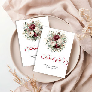 Classic Maroon Floral Greenery Gold Thank You Card