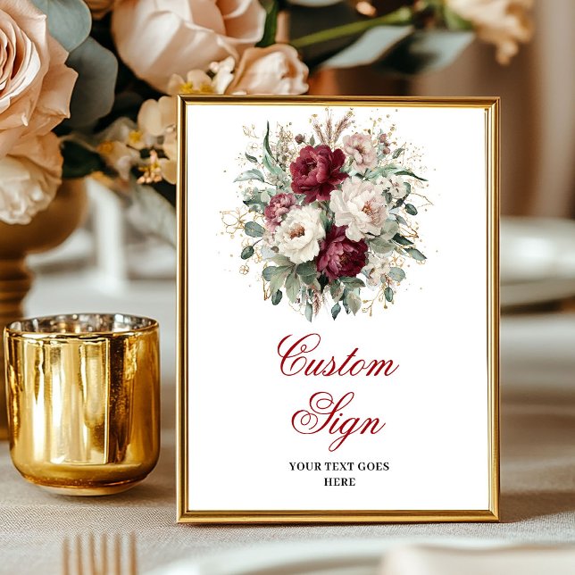 Classic Maroon Flowers Eucalyptus Gold Custom Sign (Classic Maroon Flowers Eucalyptus Gold Custom Poster)
