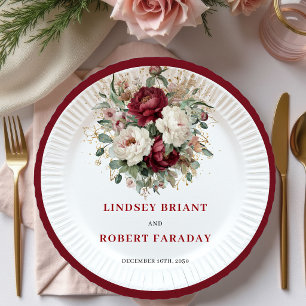 Classic Maroon Flowers Eucalyptus Gold Wedding  Paper Plate