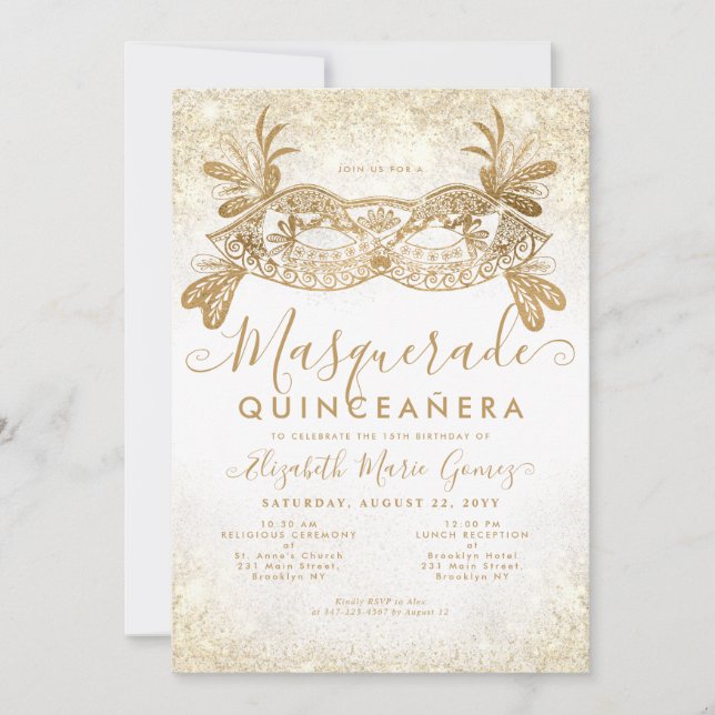 Classic Masquerade Mask Gold Glitter Quinceanera Invitation (Front)