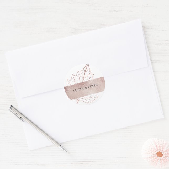 Classic Matt Rose Gold Leaves Wedding  Classic Round Sticker (Envelope)
