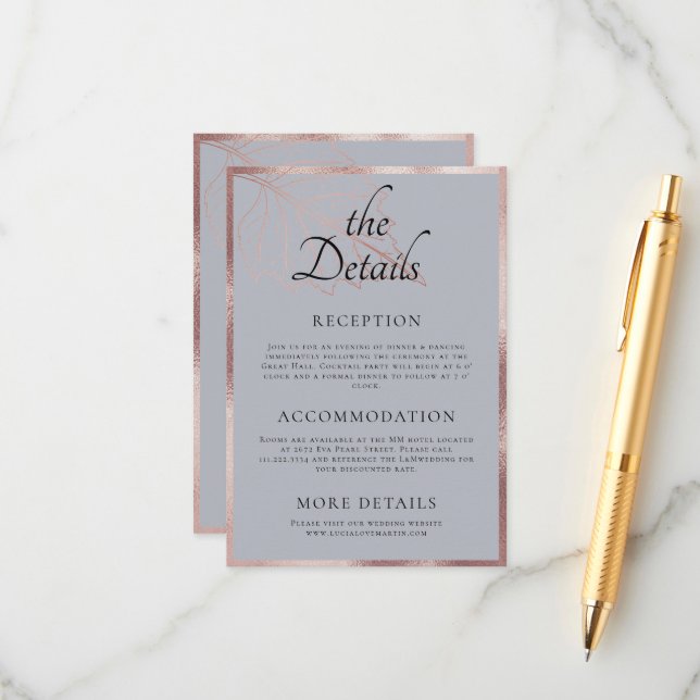 Classic Matt Rose Gold Leaves Wedding Detail Enclosure Card (Front/Back In Situ)