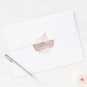 Classic Matt Rose Gold Leaves Wedding Round Sticker