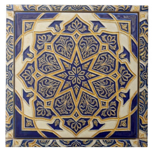 Classic Mediterranean Cobalt Blue & Gold Talavera Tile