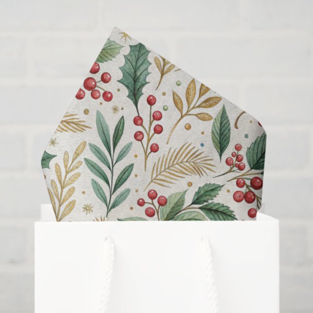 Classic Merry & Bright Red Green and Gold Holly Tissue Paper (Gift Bag)