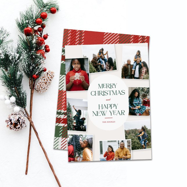 Classic Merry Christmas 8 Photo Collage  Holiday Card (Merry Christmas and Happy New year card show with backside pattern on a white background with sprig)