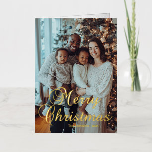 Classic Merry Christmas Calligraphy Family Photo Foil Holiday Card