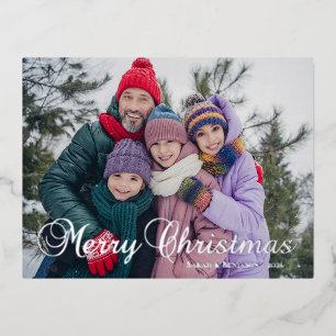 Classic Merry Christmas Calligraphy Family Photo Foil Holiday Postcard