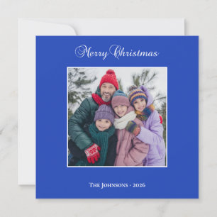Classic Merry Christmas Calligraphy Photo Blue Holiday Card