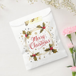 Classic Merry Christmas Card with Holly Design Favour Bags