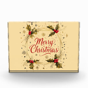 Classic Merry Christmas Card with Holly Design Photo Block