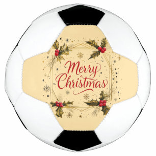 Classic Merry Christmas Card with Holly Design Soccer Ball