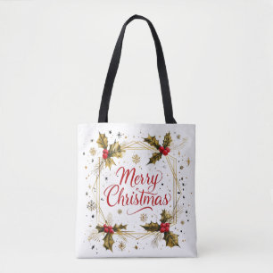 Classic Merry Christmas Card with Holly Design Tote Bag