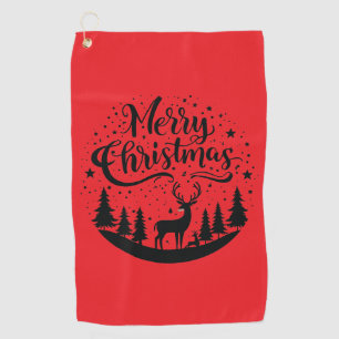 Classic Merry Christmas Deer and Tree Design Art Golf Towel