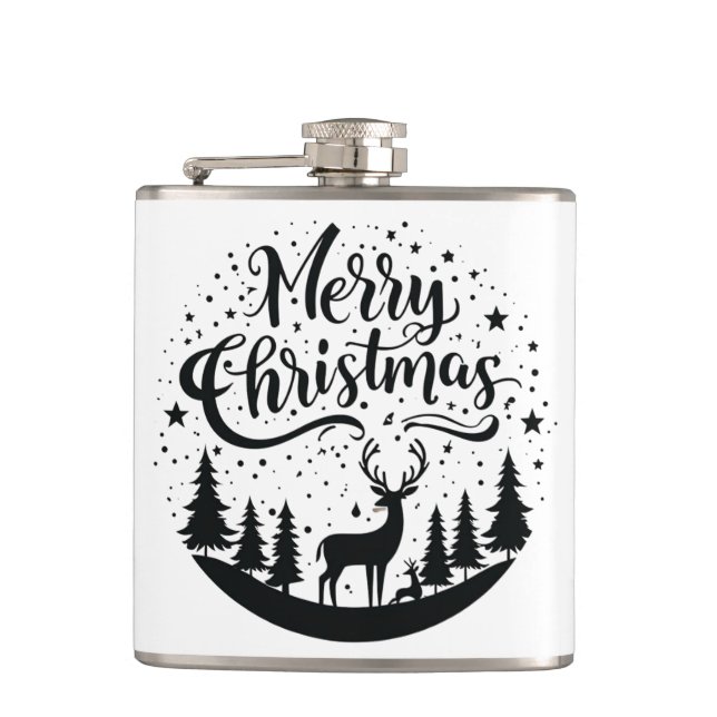Classic Merry Christmas Deer and Tree Design Art Hip Flask (Front)