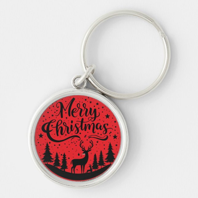 Classic Merry Christmas Deer and Tree Design Art Key Ring (Front)