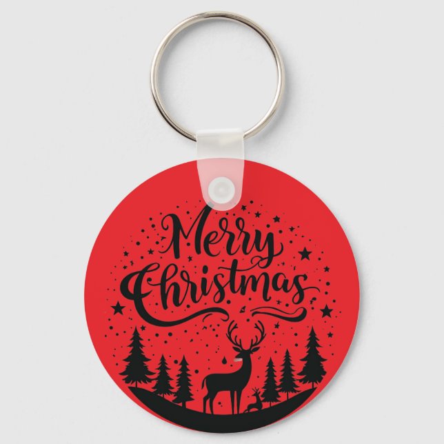 Classic Merry Christmas Deer and Tree Design Art Key Ring (Front)