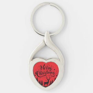 Classic Merry Christmas Deer and Tree Design Art Key Ring