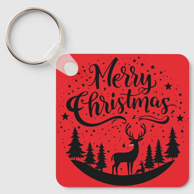 Classic Merry Christmas Deer and Tree Design Art Key Ring (Front)